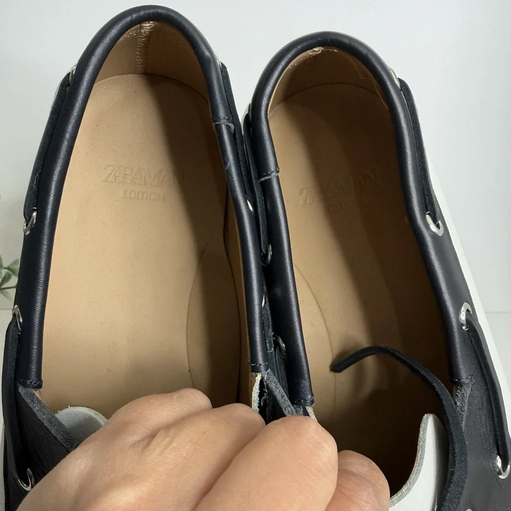 Zara Man Leather Deck Shoes Limited Edition White Navy US 11‎ EU 44 NWT Casual